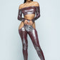 Snake Foil Print Off Shoulder Long Sleeve Top With Waist Band Under Side Cut Open Pants Set