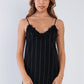 Black Pinstripe Lace Trim Slip Mini Dress