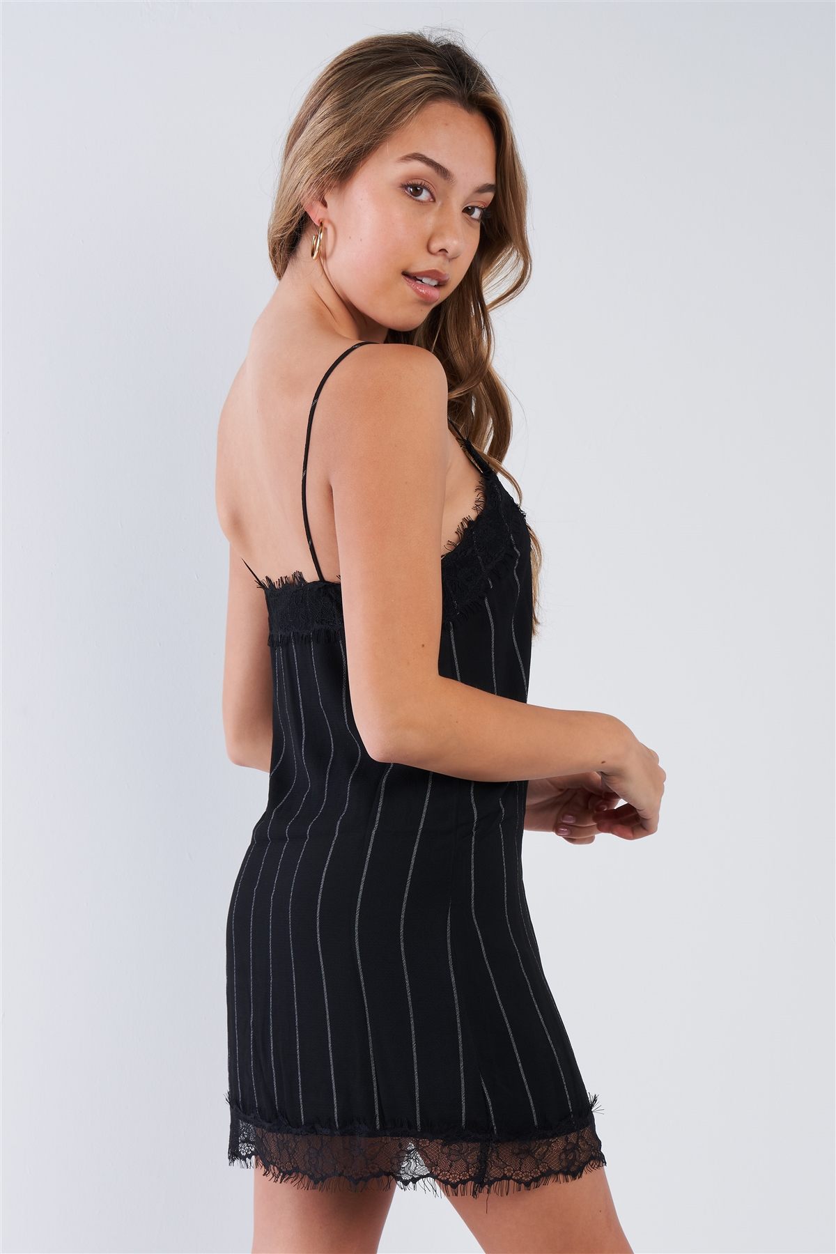 Black Pinstripe Lace Trim Slip Mini Dress