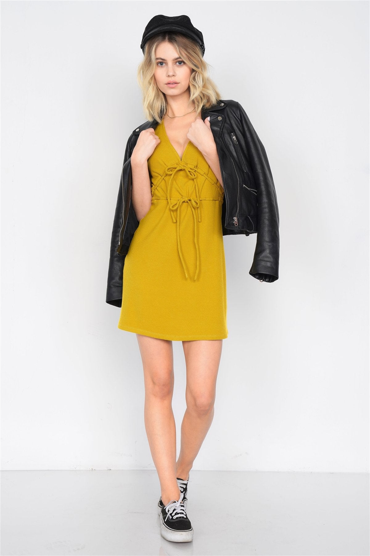 Mustard Ribbed V-neck Cap Sleeve Mini Solid Casual Dress