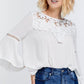 Cute Floral Mesh Lace Accent Yoke Crochet Detailed Tie-back Bell Sleeve Blouse Top