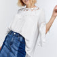 Cute Floral Mesh Lace Accent Yoke Crochet Detailed Tie-back Bell Sleeve Blouse Top