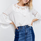 Cute Floral Mesh Lace Accent Yoke Crochet Detailed Tie-back Bell Sleeve Blouse Top