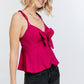 Cutout Detail Ruched Twist Bow Sweetheart Neckline Smocked Back Ribbon Tie Spaghetti Strap Cami Top