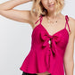 Cutout Detail Ruched Twist Bow Sweetheart Neckline Smocked Back Ribbon Tie Spaghetti Strap Cami Top