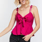 Cutout Detail Ruched Twist Bow Sweetheart Neckline Smocked Back Ribbon Tie Spaghetti Strap Cami Top