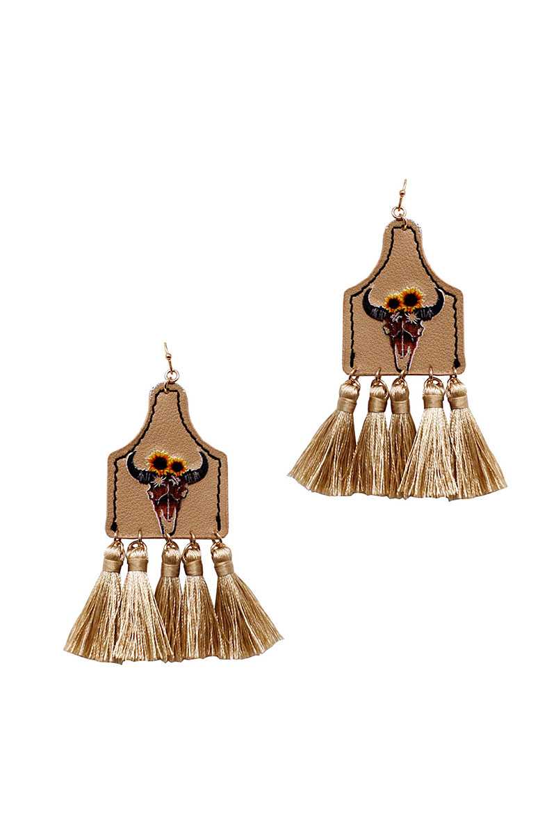 Stylish Western Cow Skull And Tassel Drop Earring