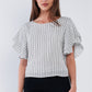 White Black Striped Ruffled Sleeve Backless Belted Blouse Top