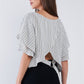 White Black Striped Ruffled Sleeve Backless Belted Blouse Top