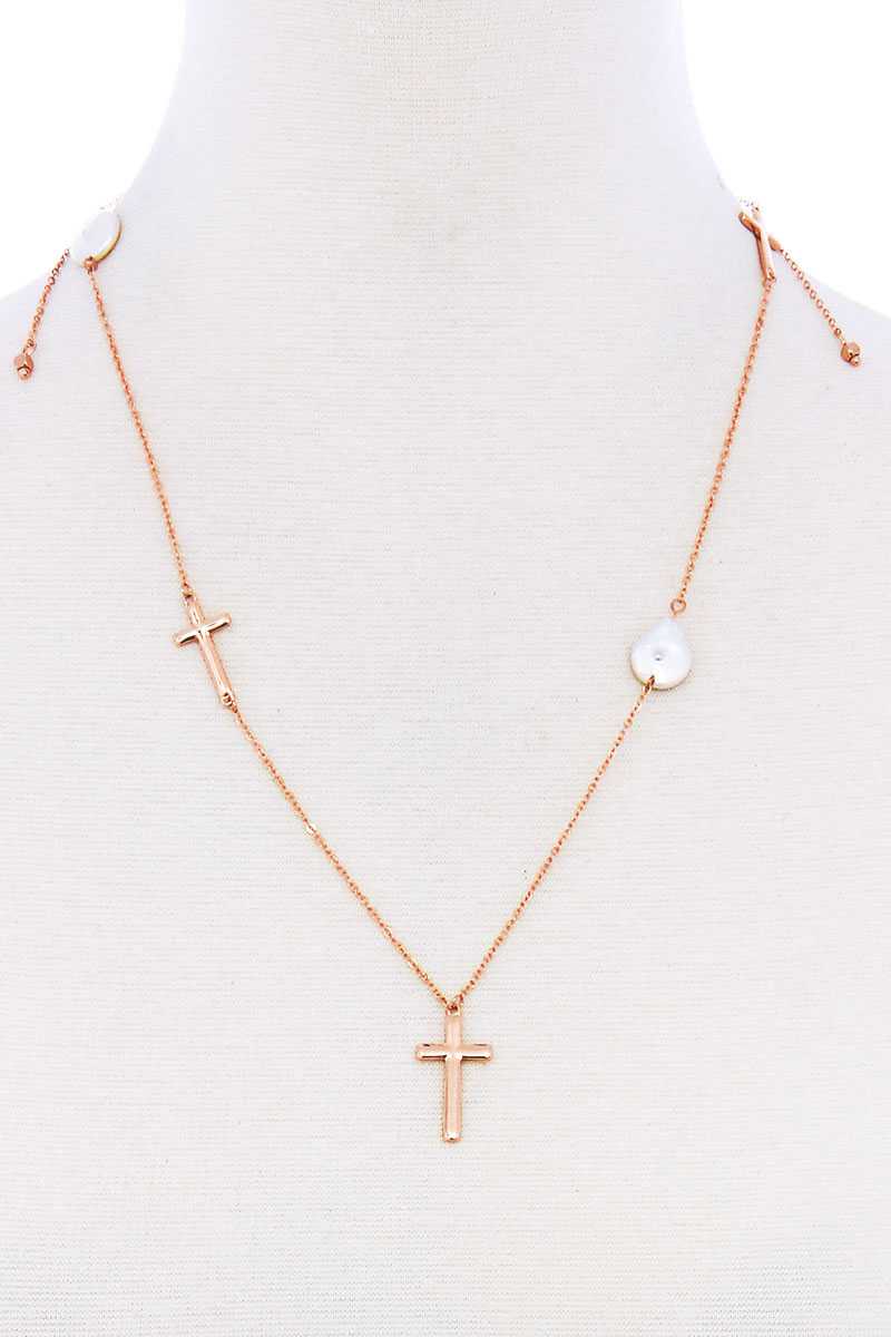 Triple Cross And Pearl Pendant Endless Necklace