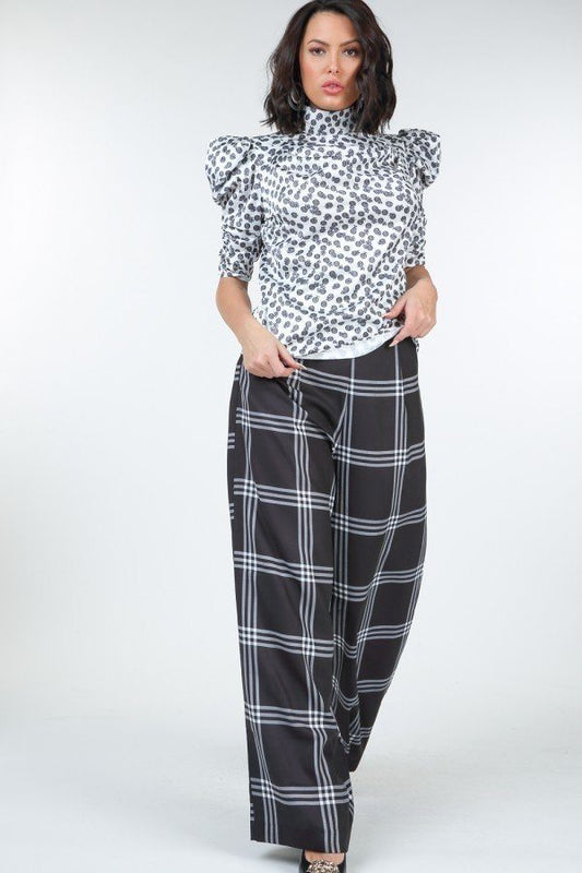 High Waist Plaid Print Wide Leg Pants