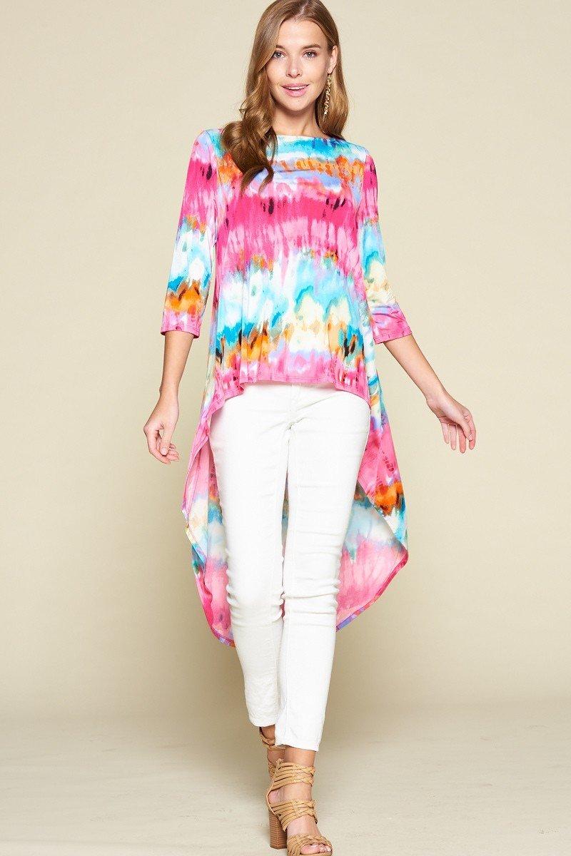 Tie-dye Venechia High Low Fashion Top With 3/4 Sleeves