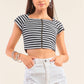 Black And Grey Striped Square Neck Mini Sleeve Cropped Top