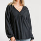 Confetti Detailed Long Puff Sleeve Babydoll Top With Button Front And Raw Hem