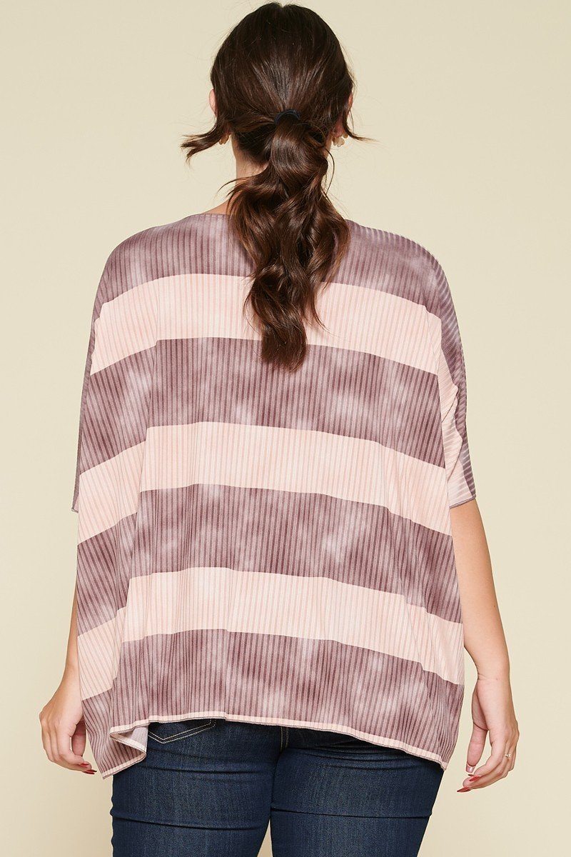 Stripe Printed Pleated Blouse Featuring A Boat Neckline And 1/2 Sleeves