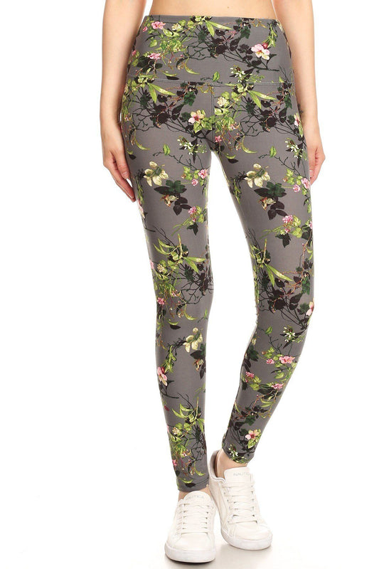 5-inch Long Yoga Style Banded Lined Floral Printed Knit Legging With High Waist