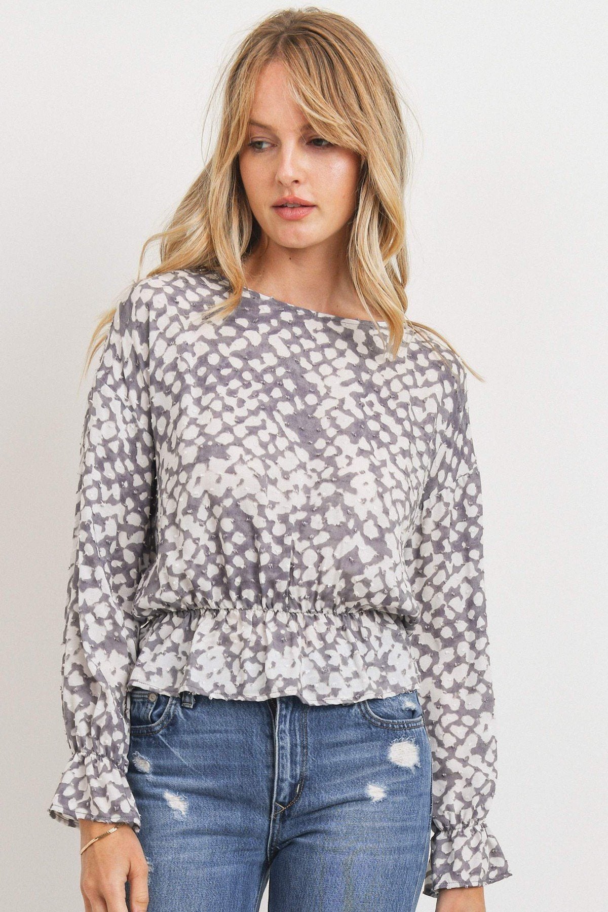 Ruffled Waist Drop Shoulder Long Sleeve Top