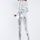 Metallic Small Scales Print Long Sleeve Off-the-shoulder Cropped Top And High Waist Slim Fit Legging Set