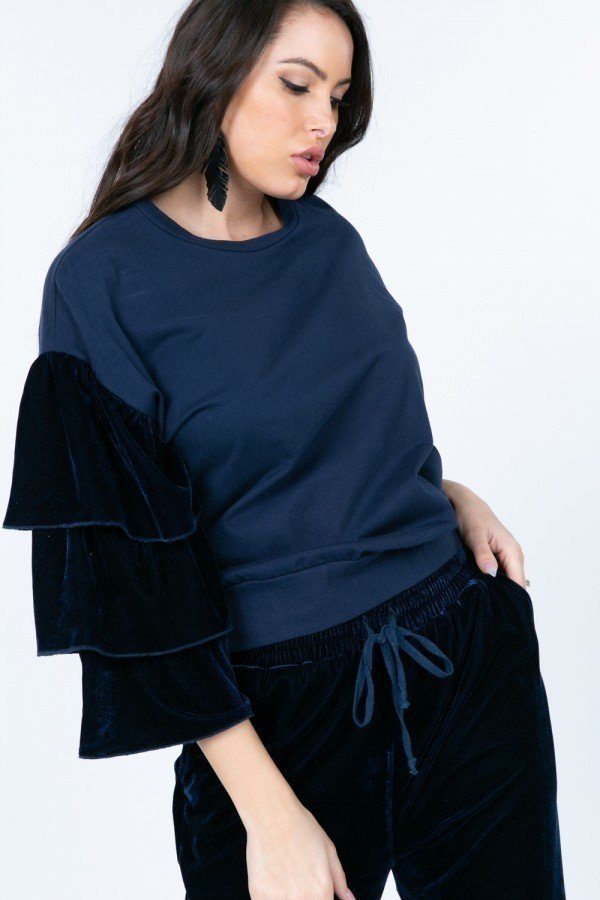 Tiered Velvet Ruffle Sleeve Pullover Crewneck Top