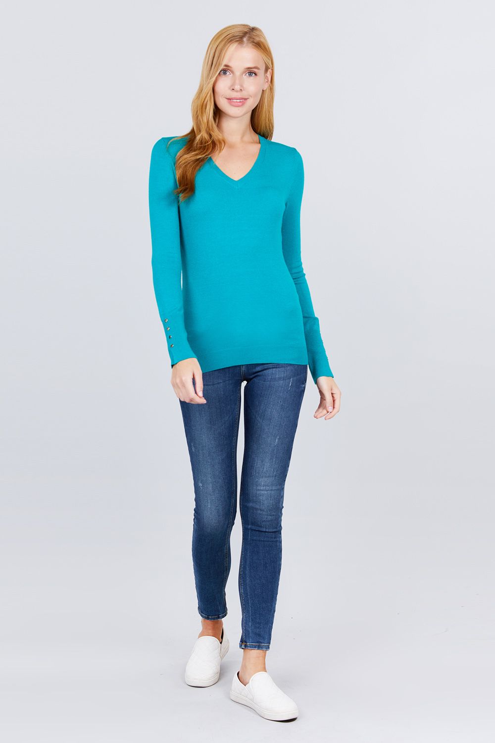 V-neck Sweater W/rivet Button