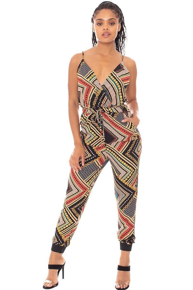 Boarder Print Wrap Drawstring Waist Jumpsuit