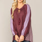 Textured Color Mixed Tassel Tie Peasant Top With Reverse Stitch Detail