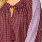 Textured Color Mixed Tassel Tie Peasant Top With Reverse Stitch Detail