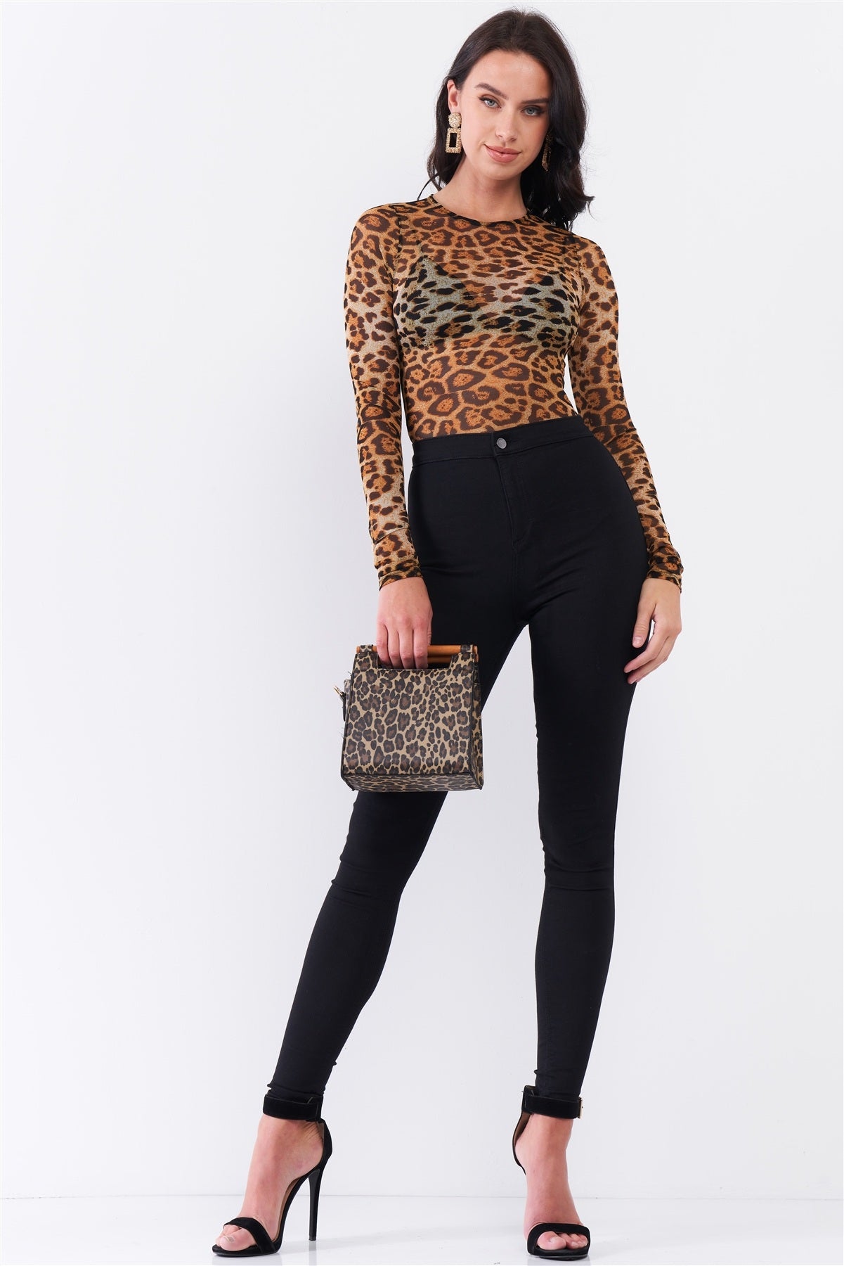 Brown Leopard Print Sheer Mesh Crew Neck Long Sleeve Bodysuit