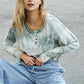 Tie Dye Round Neck Ribbed Button Front Top With Round Hem