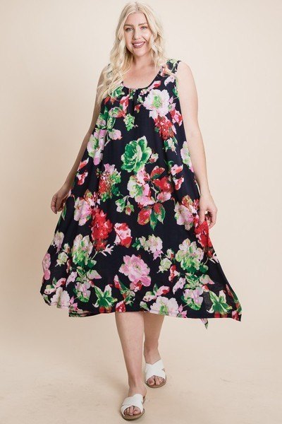 Plus Size Floral Bulgari Printed Tank Midi Dress With Asymmetrical Hem