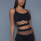 2 pc silk fishnet set that includes a tank crop top with criss-cross cami straps and a pair of high waisted booty shorts