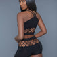 2 pc silk fishnet set that includes a tank crop top with criss-cross cami straps and a pair of high waisted booty shorts
