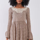 Taupe Horizontal Stripped Embroidery Detail Long Sleeve With Flare Hem Mini Dress