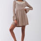 Taupe Horizontal Stripped Embroidery Detail Long Sleeve With Flare Hem Mini Dress