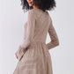 Taupe Horizontal Stripped Embroidery Detail Long Sleeve With Flare Hem Mini Dress