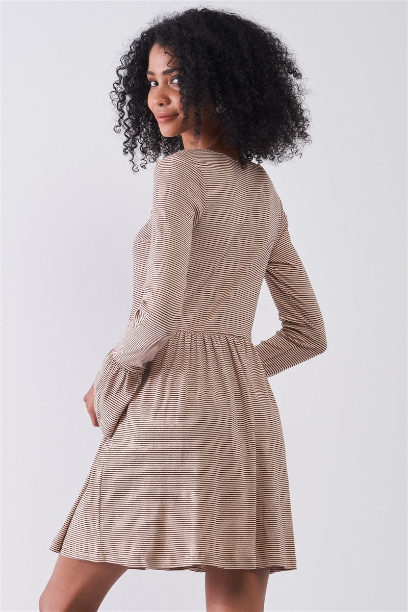 Taupe Horizontal Stripped Embroidery Detail Long Sleeve With Flare Hem Mini Dress