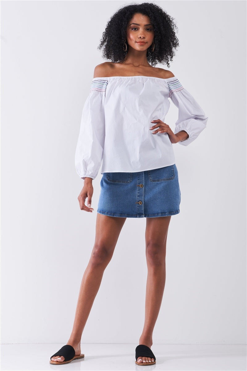 White Multi Shoulder Stitches Off-the-shoulder Long Balloon Sleeve Top