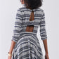 Navy & White Multi Print Round Neck 3/4 Sleeve A-line Mini Dress