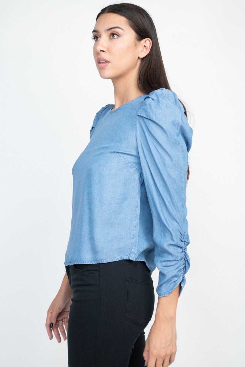 Shirring Puff Sleeves Denim Top