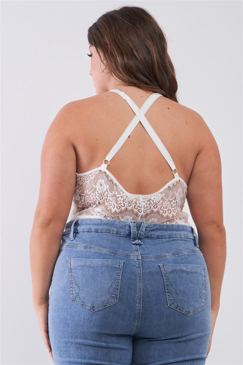 Plus Size Sheer Lace Sleeveless V-neck Criss-cross Back Strap Bodysuit