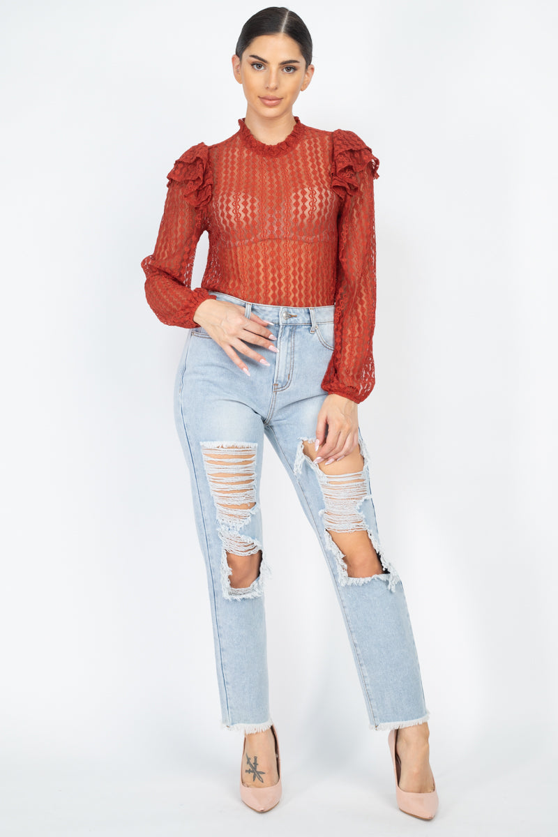 Sheer Crochet Lace Ruffled Top