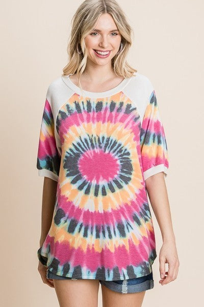 French Terry Tie Dye Printed Casual Mini Bubble Sleeves Tunic Top