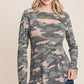 Army Camo Printed Cut Out Neckline Long Sleeves Casual Basic Top