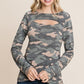 Army Camo Printed Cut Out Neckline Long Sleeves Casual Basic Top