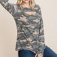 Army Camo Printed Cut Out Neckline Long Sleeves Casual Basic Top