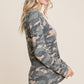 Army Camo Printed Cut Out Neckline Long Sleeves Casual Basic Top