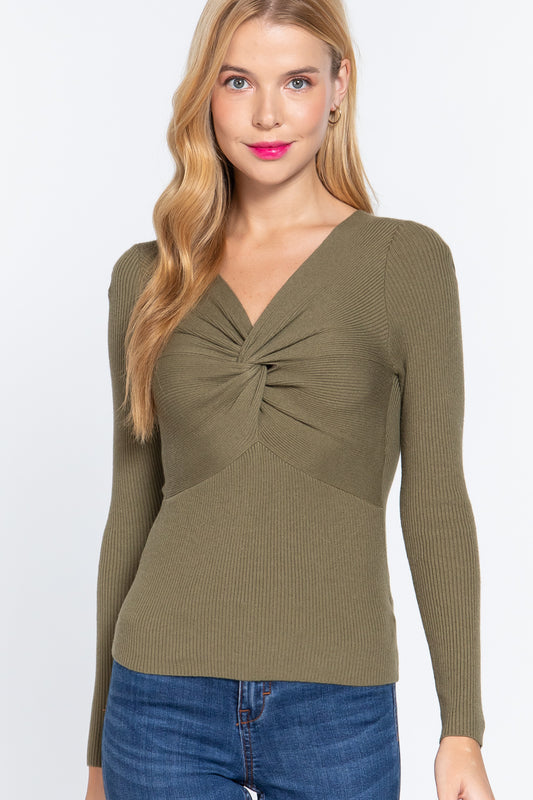 Long Slv V-neck Knotted Sweater