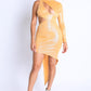 Foil Asymmetric Sleeve And Cut Out Midi Dress