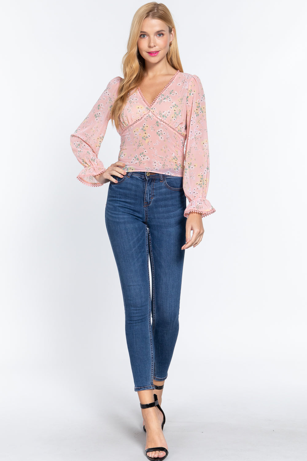 Ruffle Slv Floral Print Chiffon Top