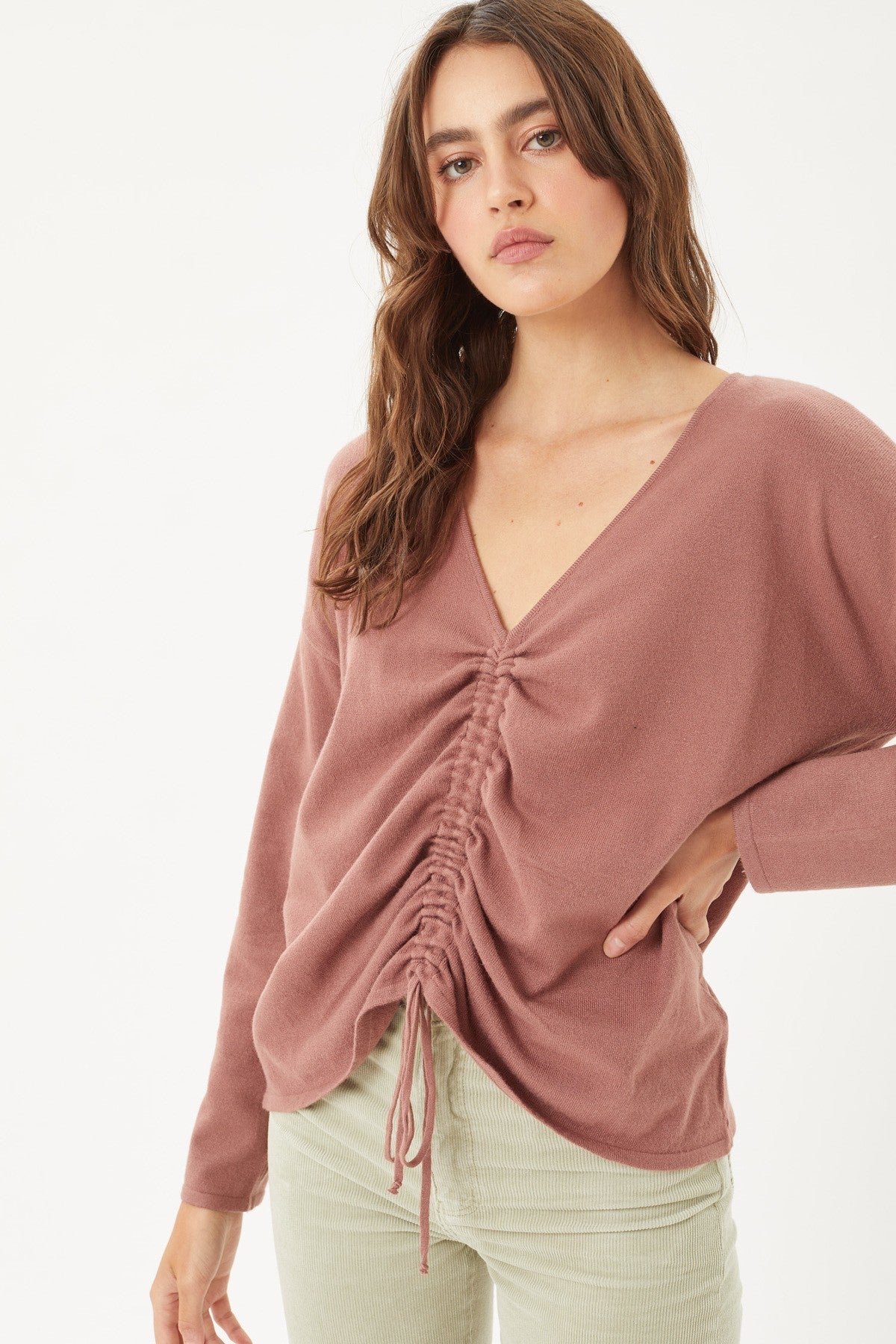 A V-neckline Drawstring Ruched Top